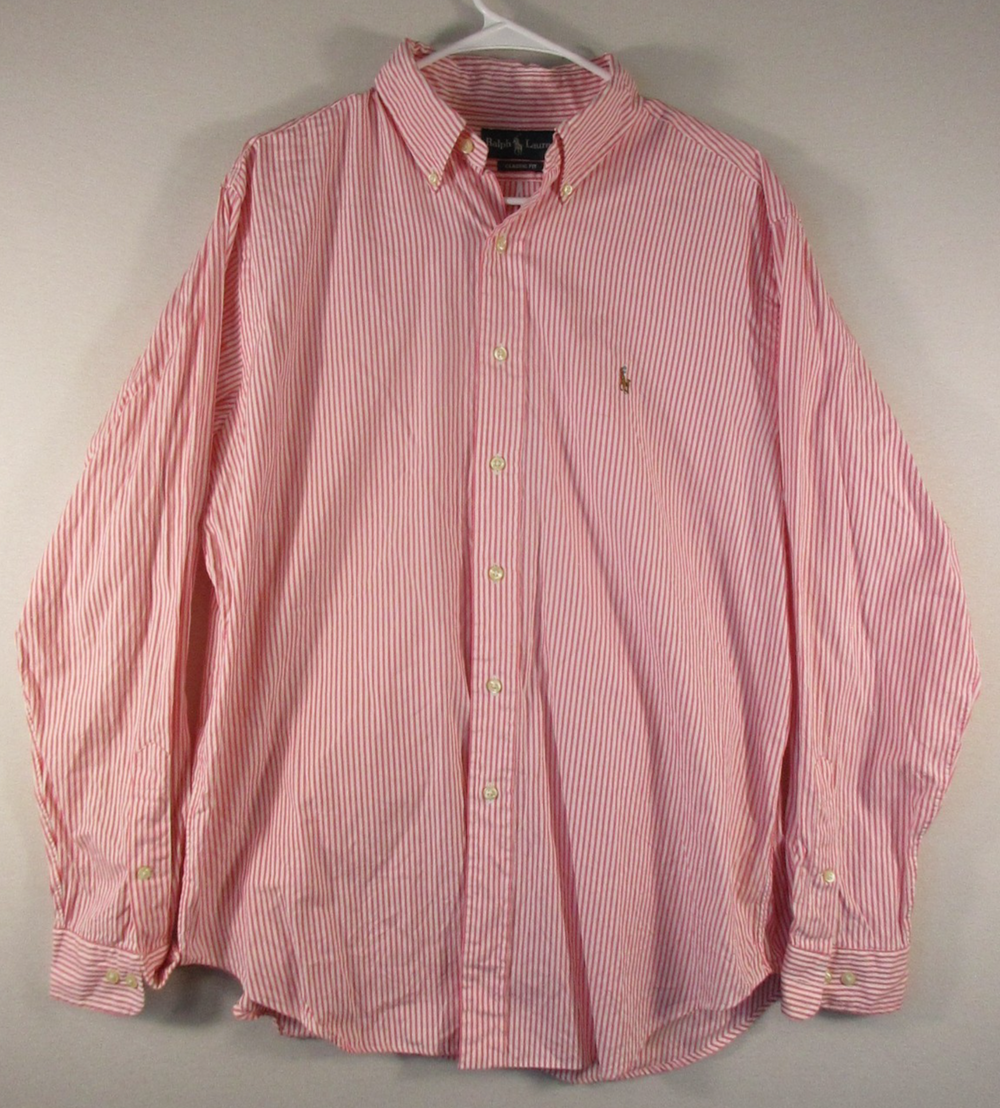 Polo Ralph Lauren Mens Button-Up Striped Shirt Long Sleeve Size 34/35 Pink