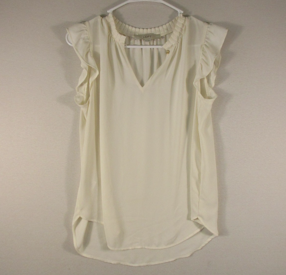 Ann Taylor Loft Womens Pullover V-Neck Top Ruffle Sleeve Size XS White