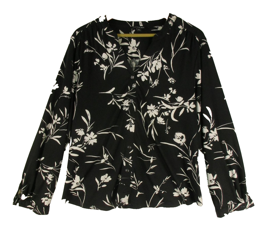 Zac & Rachel Woman Blouse Womens 1X Black White Floral Button Front Long Sleeve