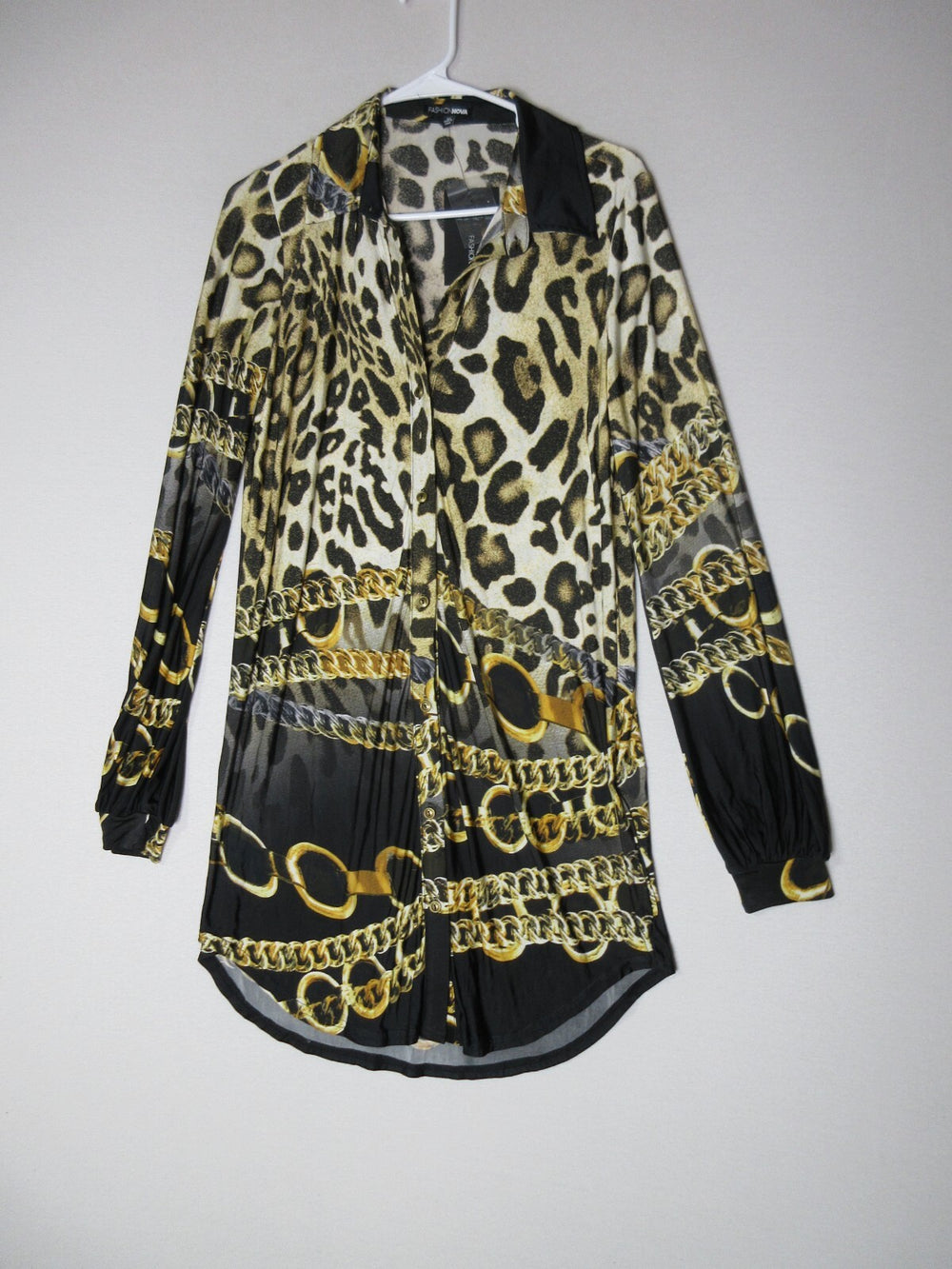 Fashion Nova Womens Chain Print Button-Up Dress Long Sleeve Collared Sz M Yellow