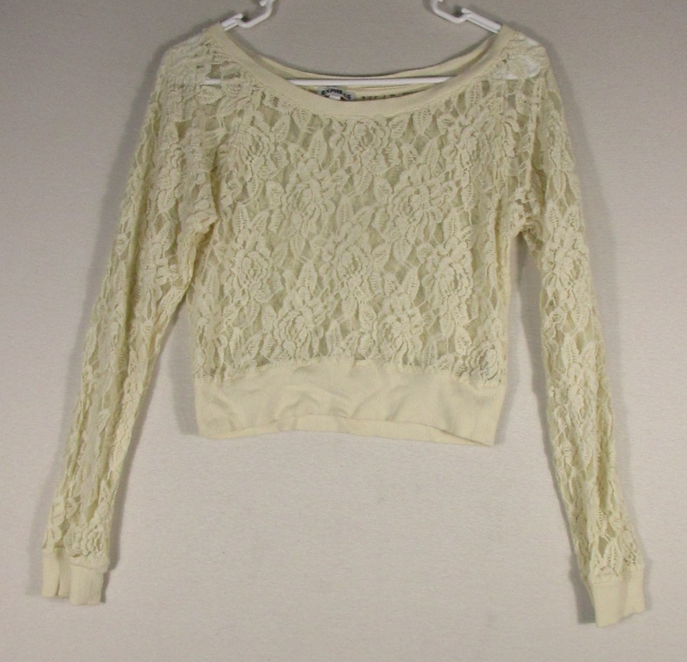 Express Womens Lightweight Round Neck Crop Top Long Sleeve Floral Size S Cream
