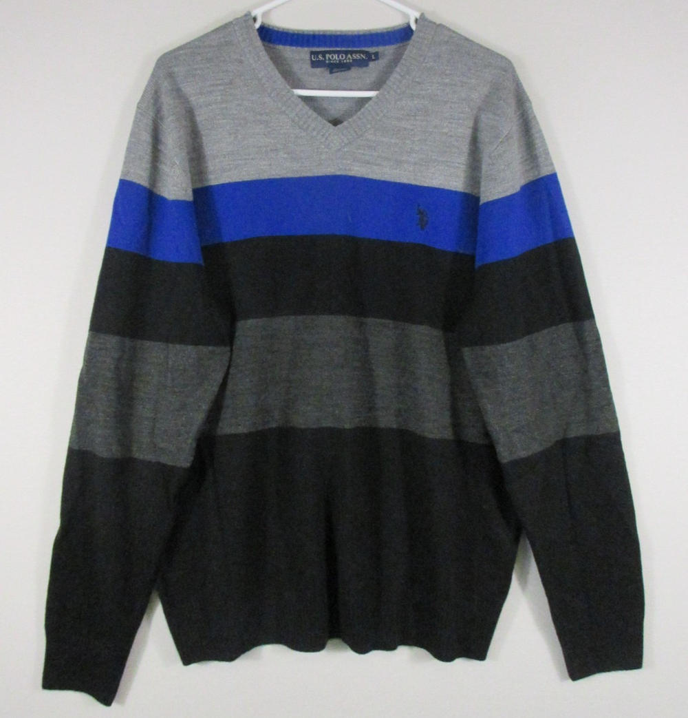 U.S. Polo Assn Mens V-Neck Striped Sweater Pullover Long Sleeve Size L Multi