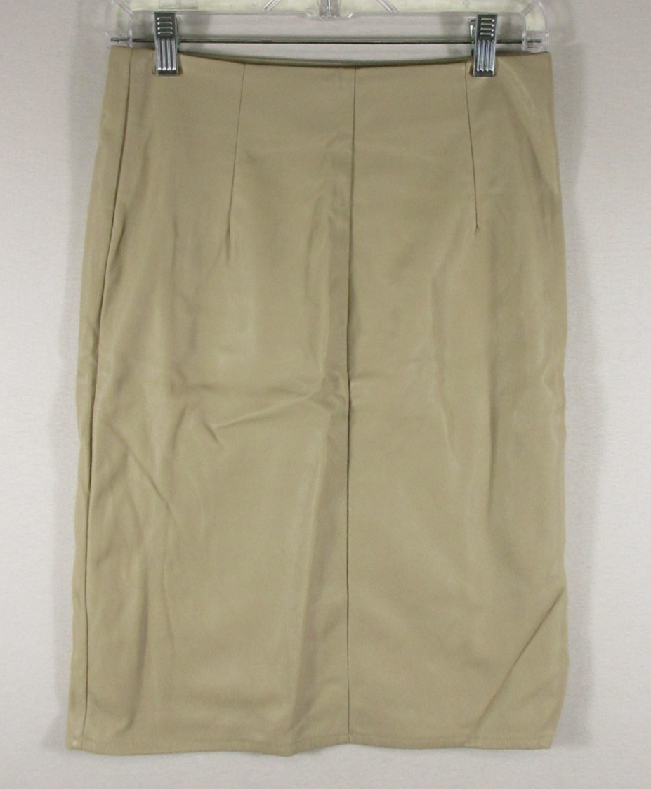 Shein Womens Leather A-Line Pencil Skirt High Waist Flat Front Size S Beige
