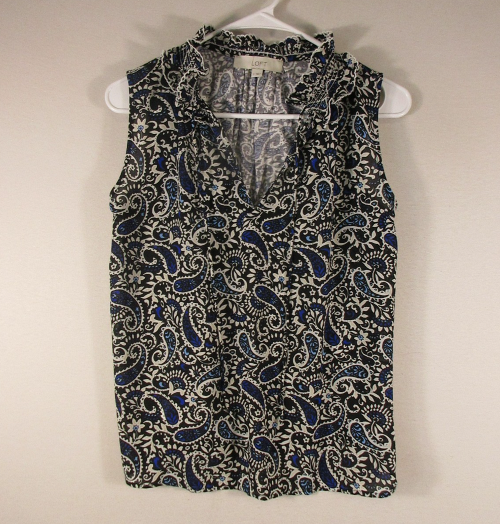 Ann Taylor Loft Womens Paisley Tunic Top Split Neck Sleeveless Size S Black