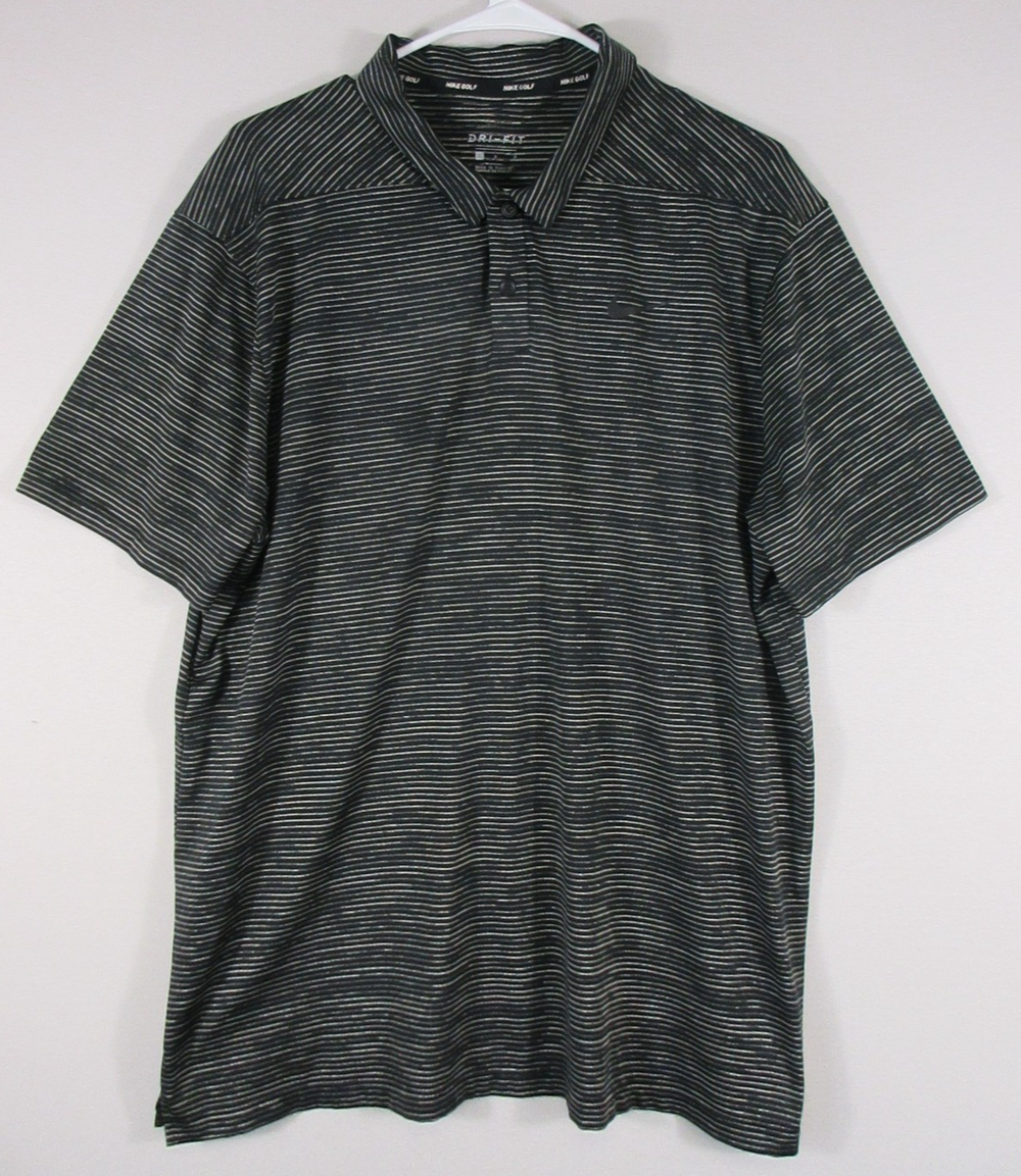 Nike Dri-Fit Mens Button-Up Golf Polo Shirt Striped Print Collared Size L Black