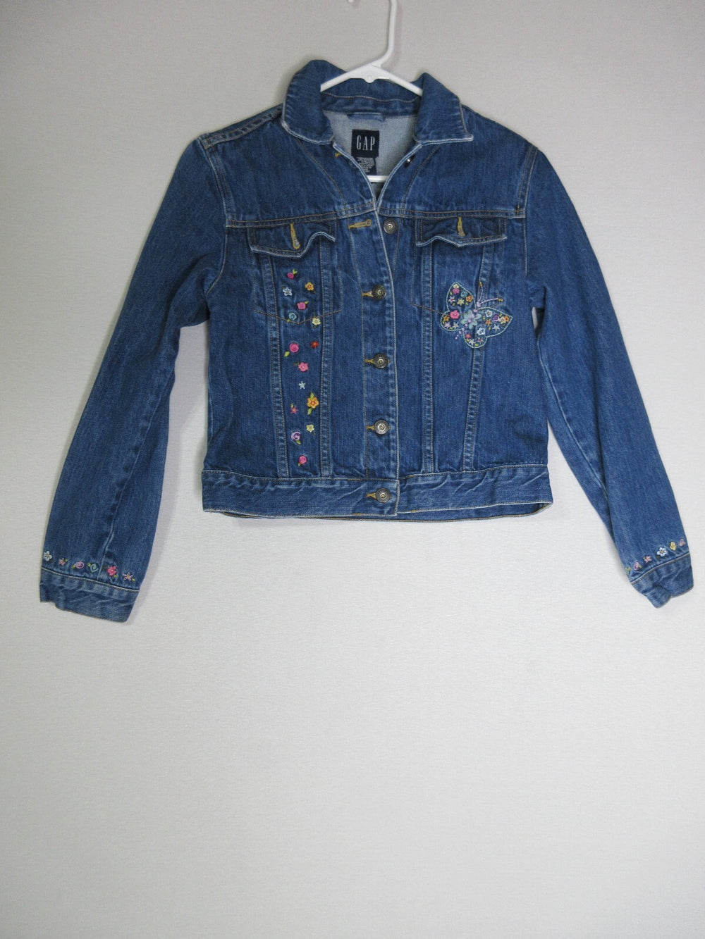 Gap Girls Floral Embroidered Button-Up Jacket Long Sleeve Collared Size XL Blue
