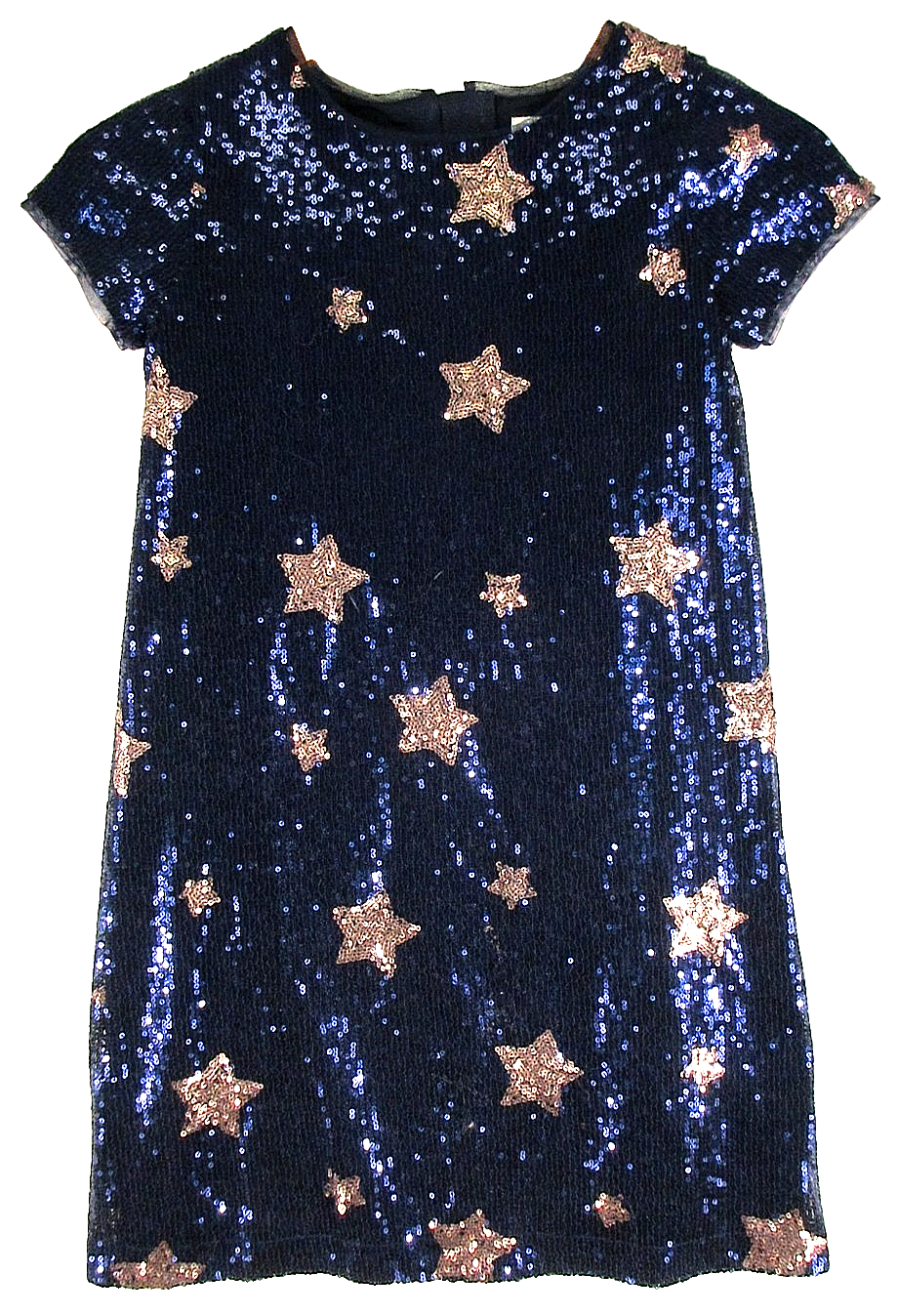 Gap Kids Girls Gold Star Sequin Dress Back Zip Short Sleeve Size M Navy Blue