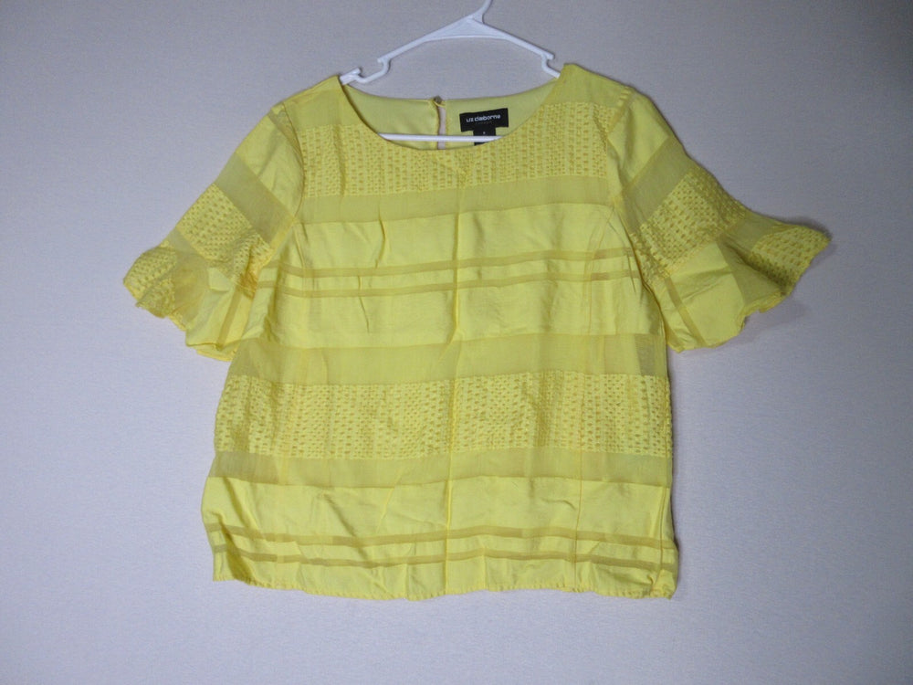 Liz Claiborne Womens Striped Lace Round Neck Top Bell Sleeve Size S Yellow