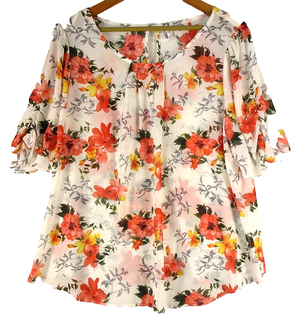 DNA Couture Womens Crew Neck Floral Blouse Bell Sleeve Size 3X White/Multi