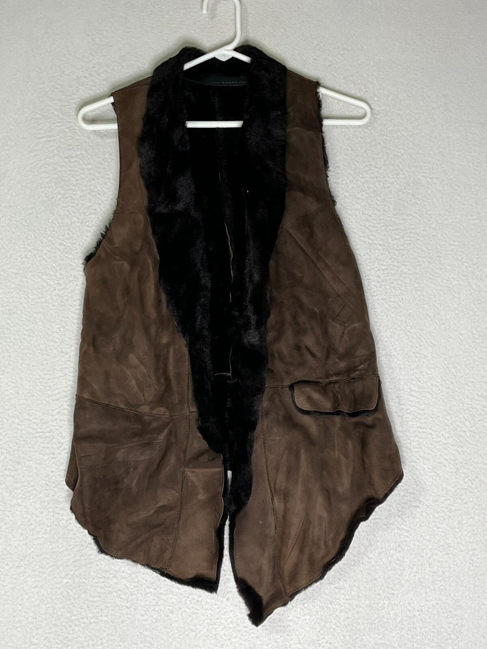 Zara Brown Faux Suede Fur Vest Jaket Open Front Pocket Womens Size Medium