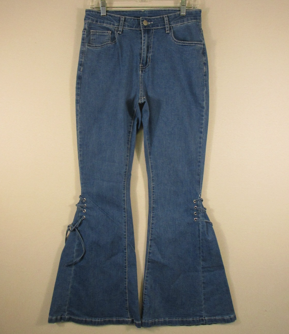 Unbranded Womens High Waist Cotton Denim Jeans Flare Leg Pockets Size XS Blue