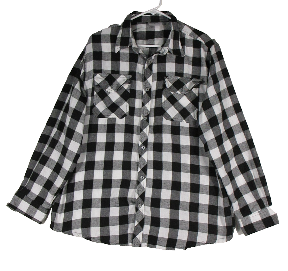 Centro Mens Plaid Button-Up Shirt Long Sleeve Pockets Size XL Black/White