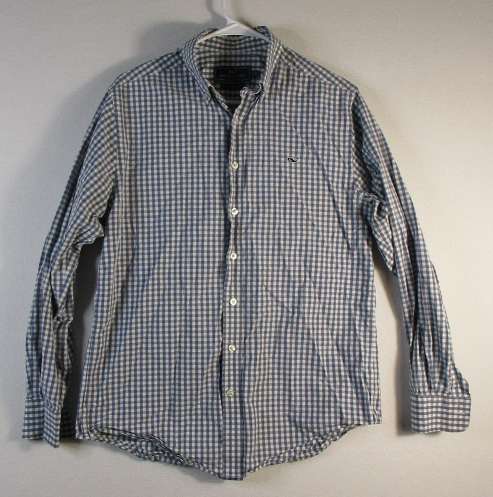 Vineyard Vines Mens Plaid Whale Shirt Long Sleeve Collar Neck Size M White/Blue