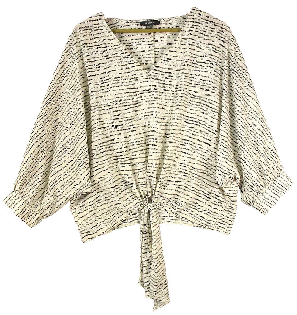 Primark Womens Tie Front V-Neck Blouse Polka Dot Batwing Sleeve Size 14 White