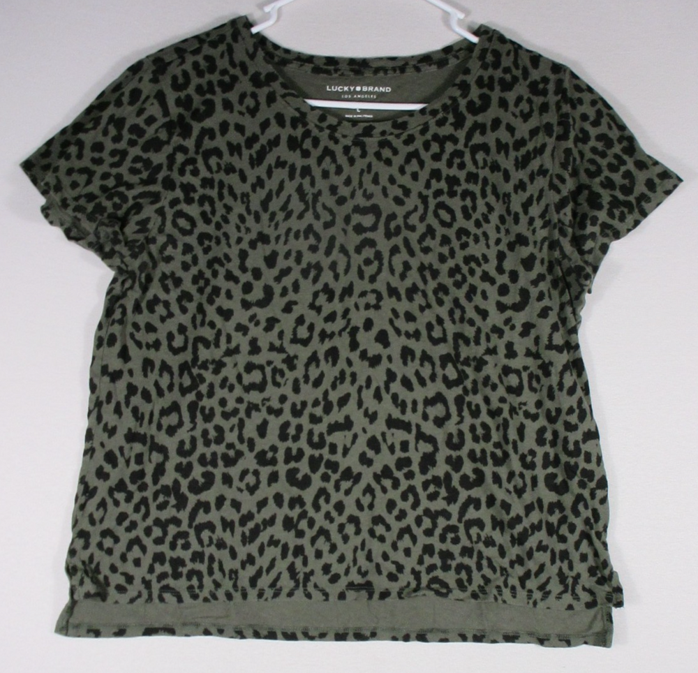 Lucky Brand Womens Crew Neck Top Leopard Print Short Sleeve Size L Green