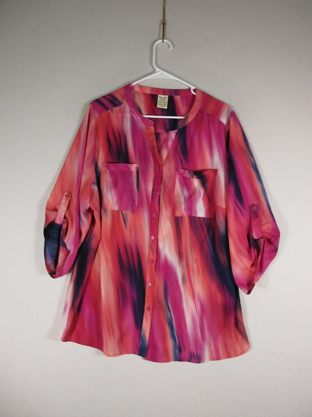 Faded Glory Womens Tie-Dye Button-Up Blouse Roll Tab Sleeve Pockets Sz 2X Multi