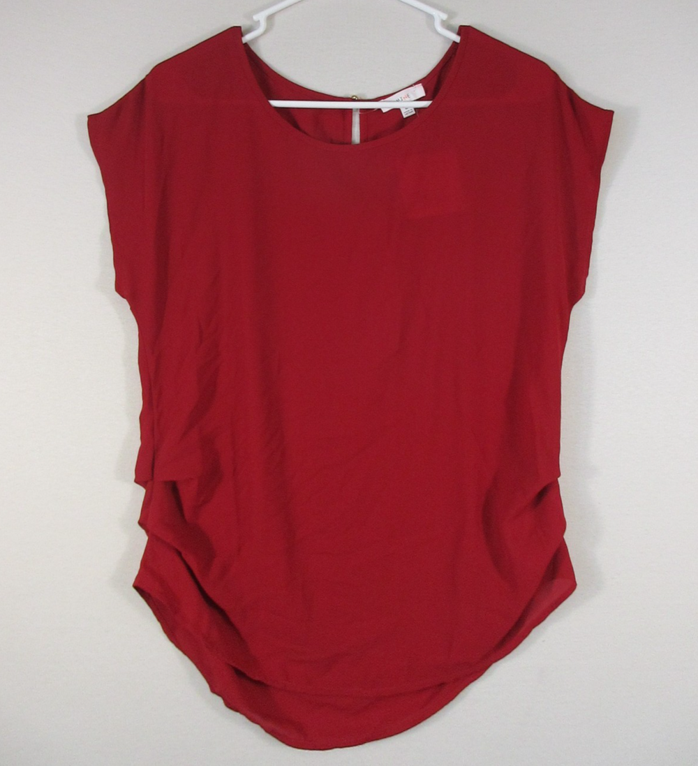 Mine Womens Crew Neck Tunic Blouse Hi-Low Hem Short Sleeve Size M Red