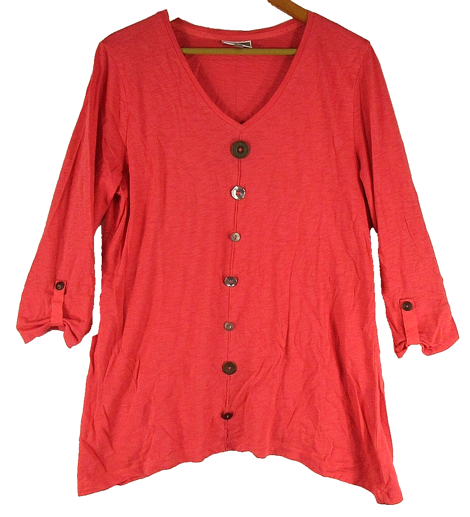 JM Collection Womens Button-Up V-Neck Tunic Top Long Sleeve Size L Pink