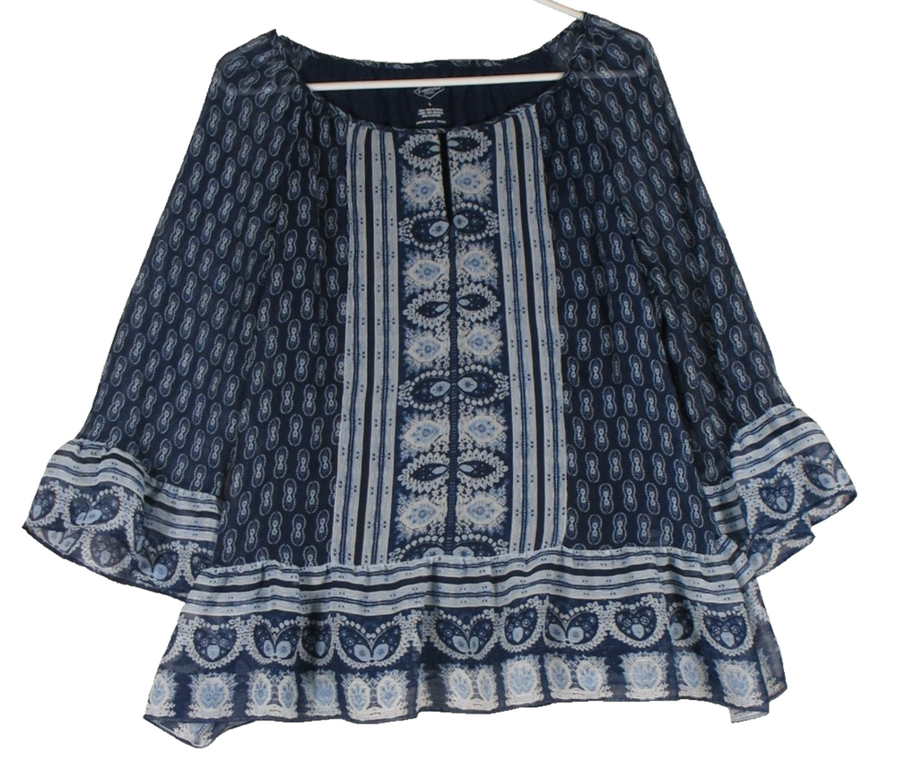 St. John's Bay Womens Regular Paisley Blouse Long Sleeve Ruffle Hem Crew L Blue