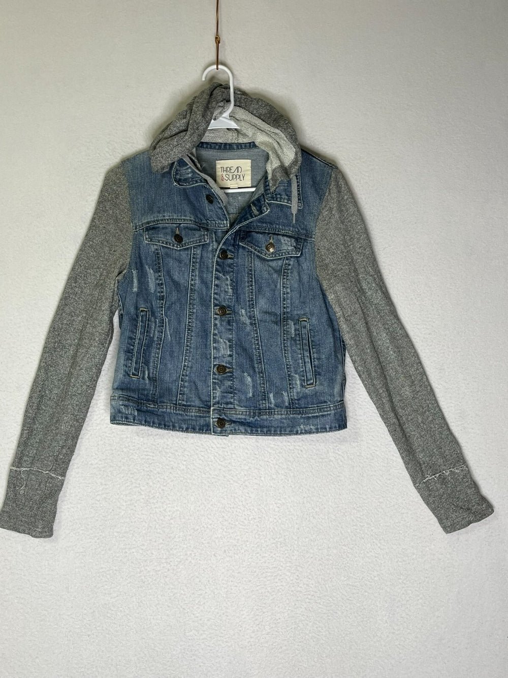 Thread & Supply Gray Blue Hooded Denim Jeans Jacket Stretch Women's Size Medium