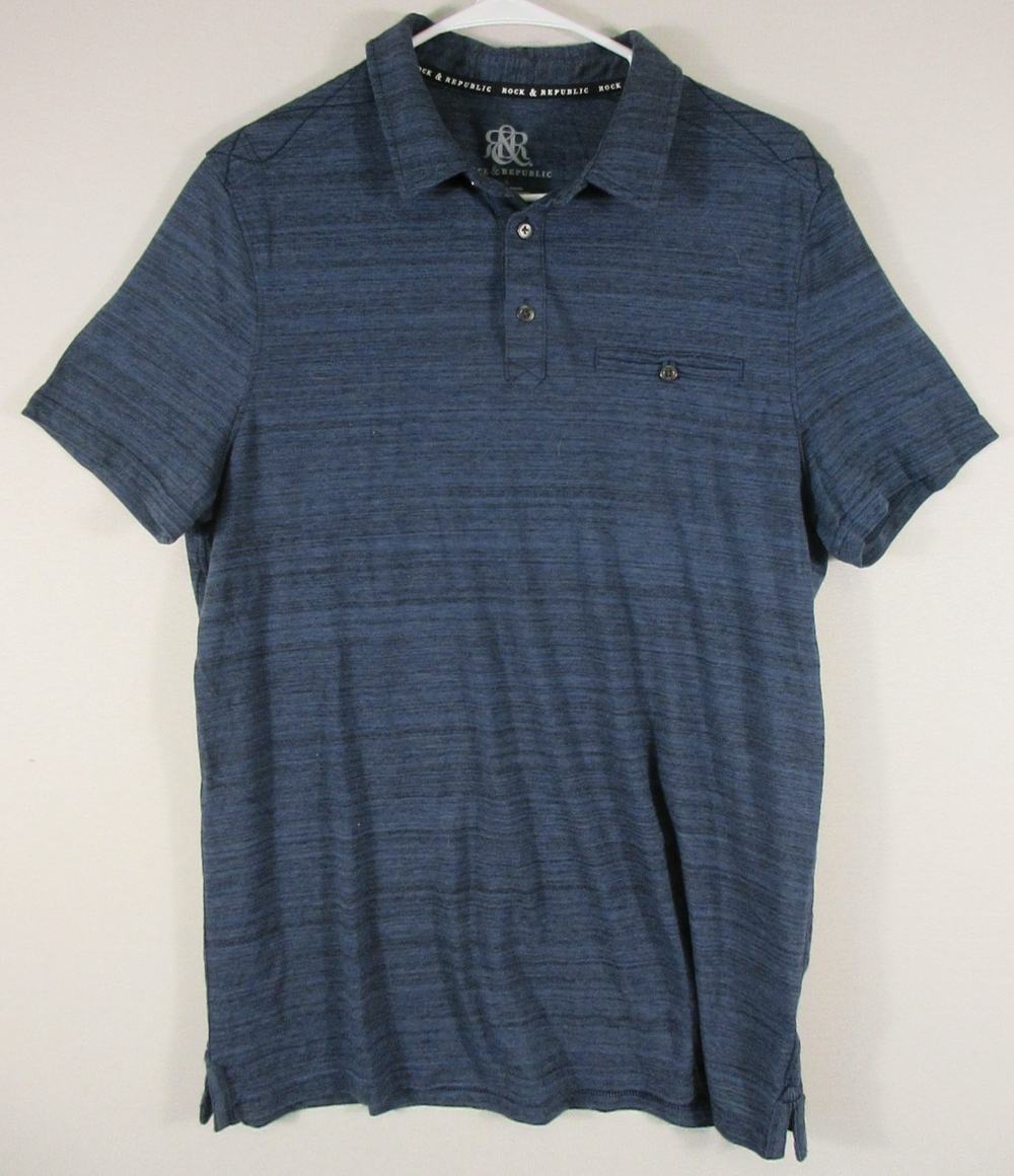 Rock & Republic Mens Button-Up Polo Shirt Short Sleeve Collared Size L Blue