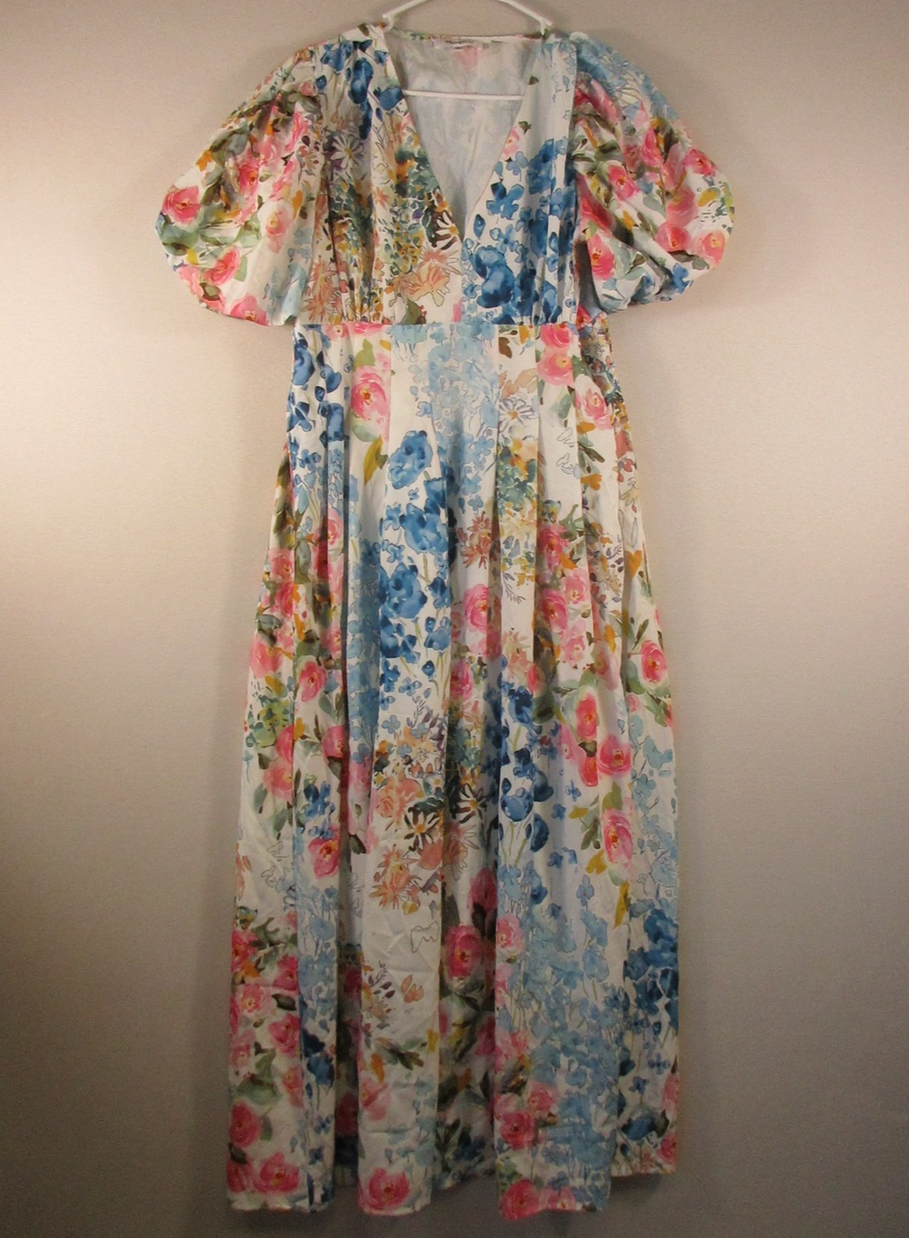 Maxigerui Womens V-Neck Midi Dress Floral Print Puff Sleeve Size XL Multicolor