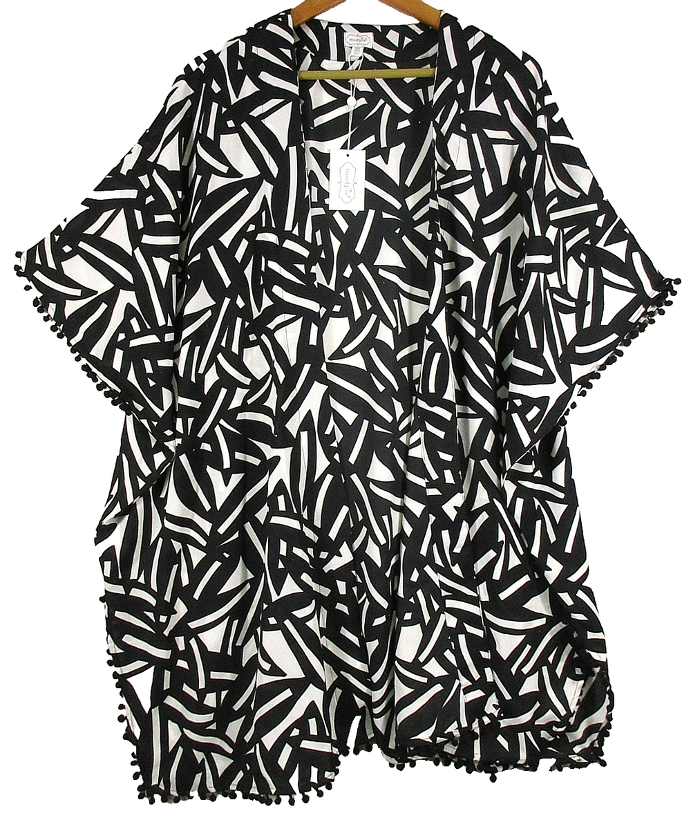Mud Pie Womens Pullover Open Front Kimono Pom Pom Trim Short Sleeve One Sz Black