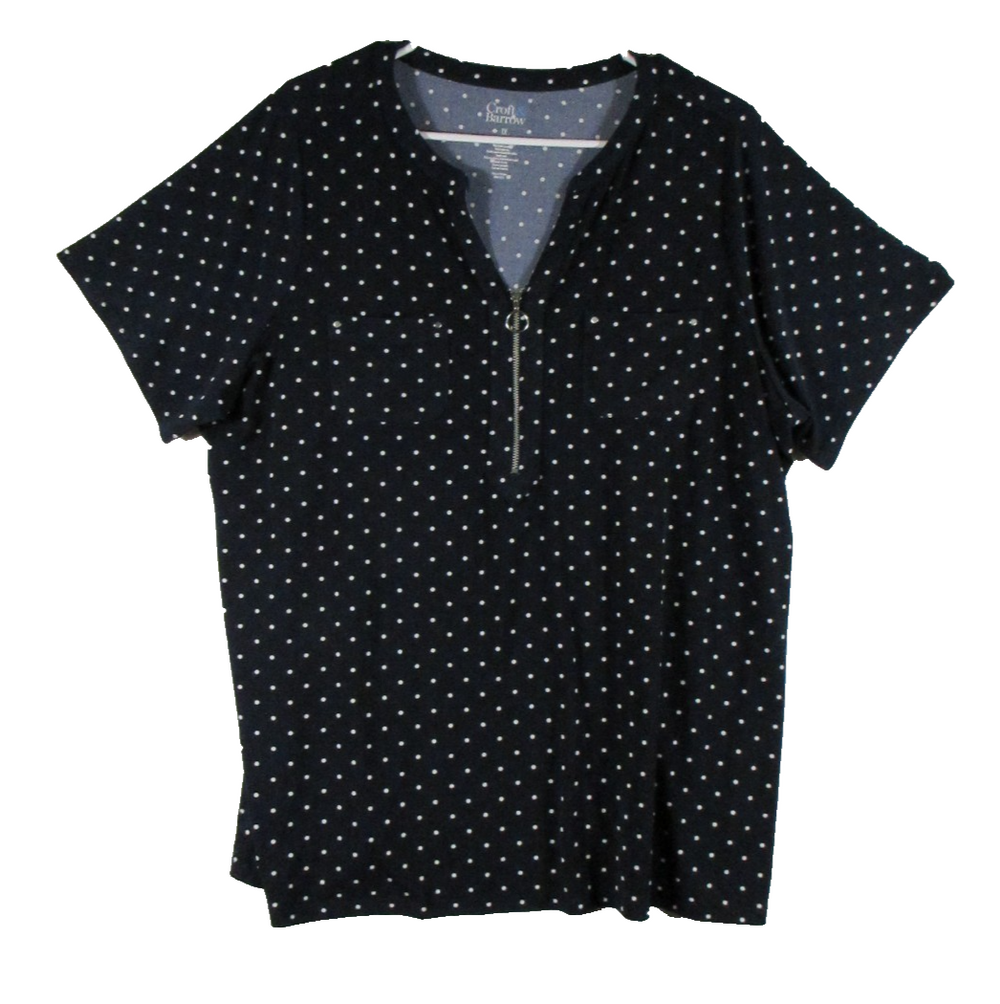 Croft & Barrow Womens Polka Dot Zip-Neck Top Short Sleeve Size 1X Black