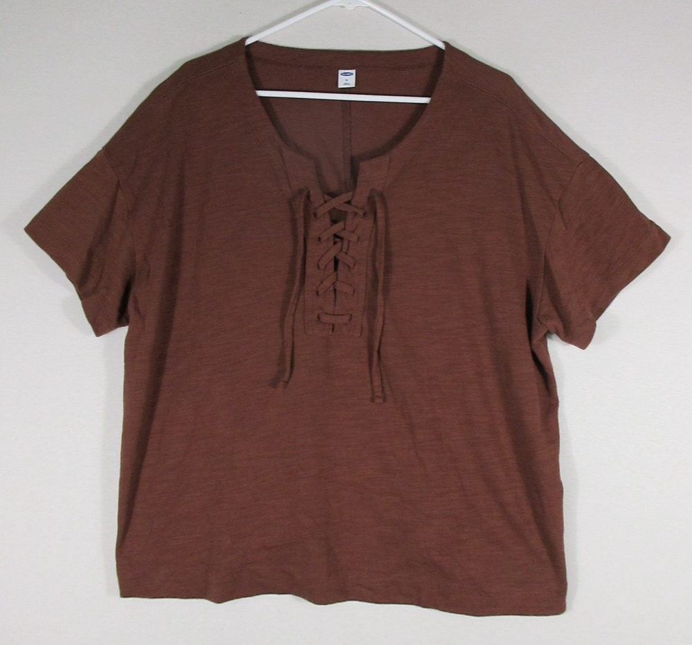 Old Navy Womens Lace Up Short Sleeve Soft Loose Fit Top Size XL Brick Brown