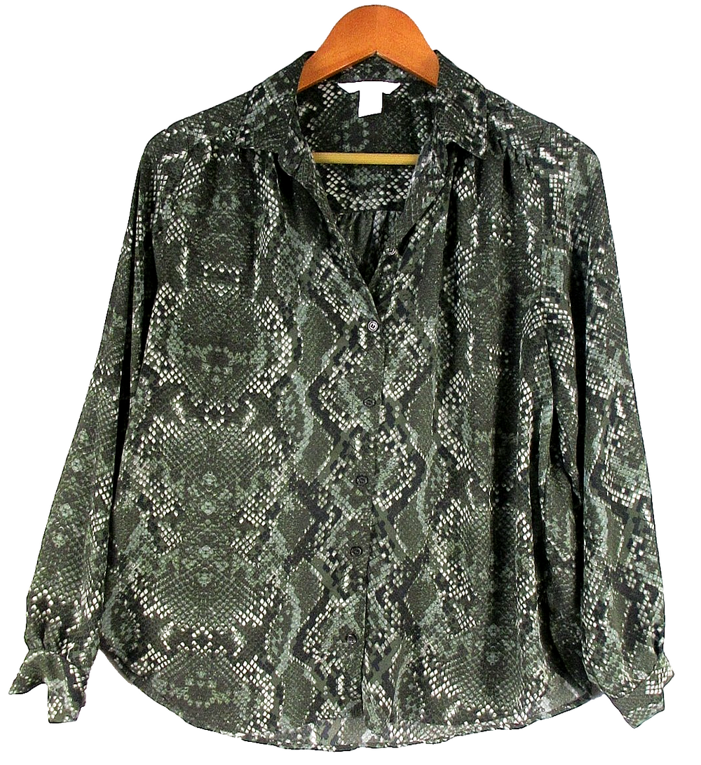 H&M Womens Button Front Blouse Snakeskin Print Long Sleeve Size 6 Green