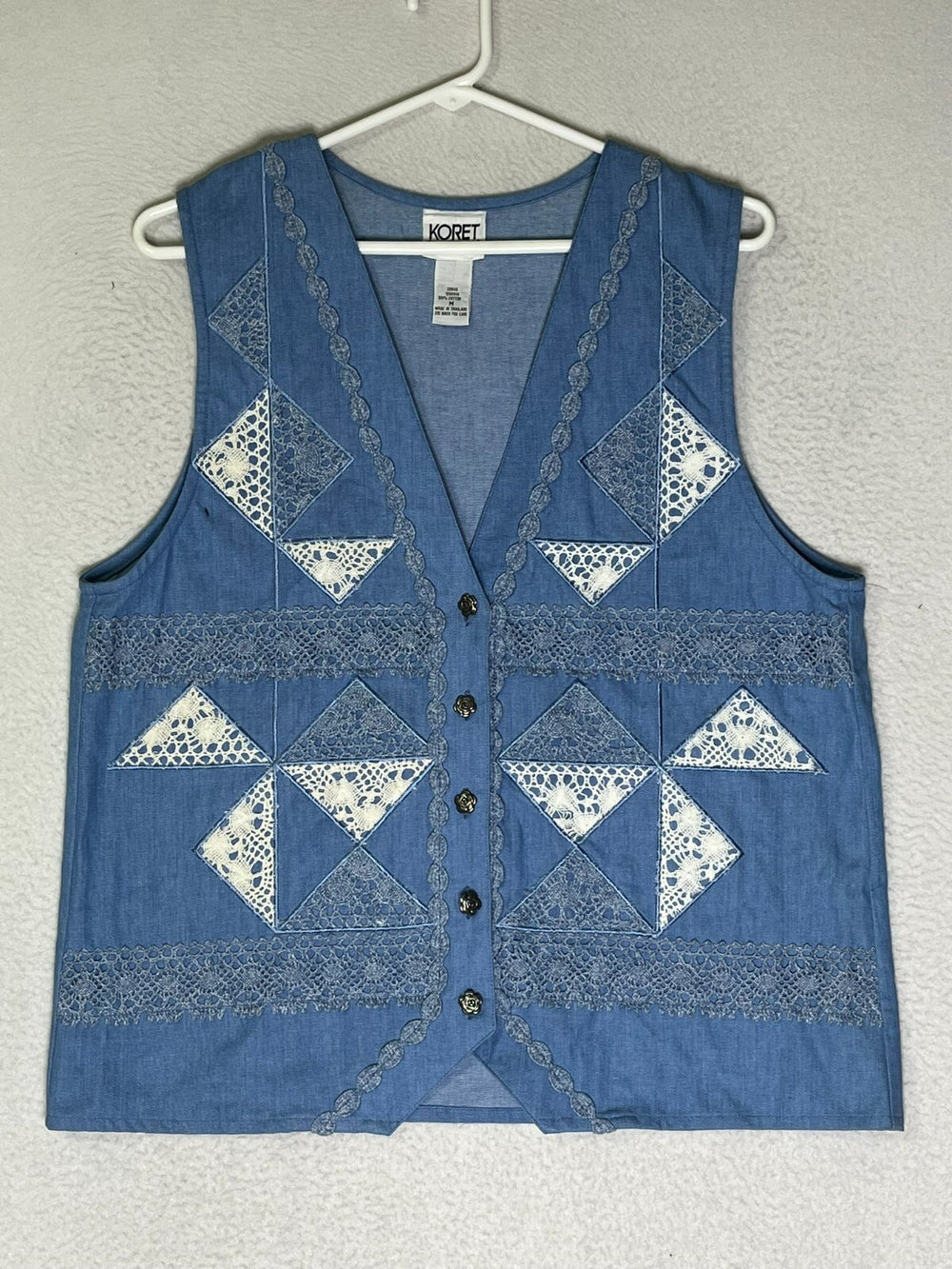 Koret City Blues Blue Vest Jacket Lace Crochet Front Button 100% Cotton Womens M