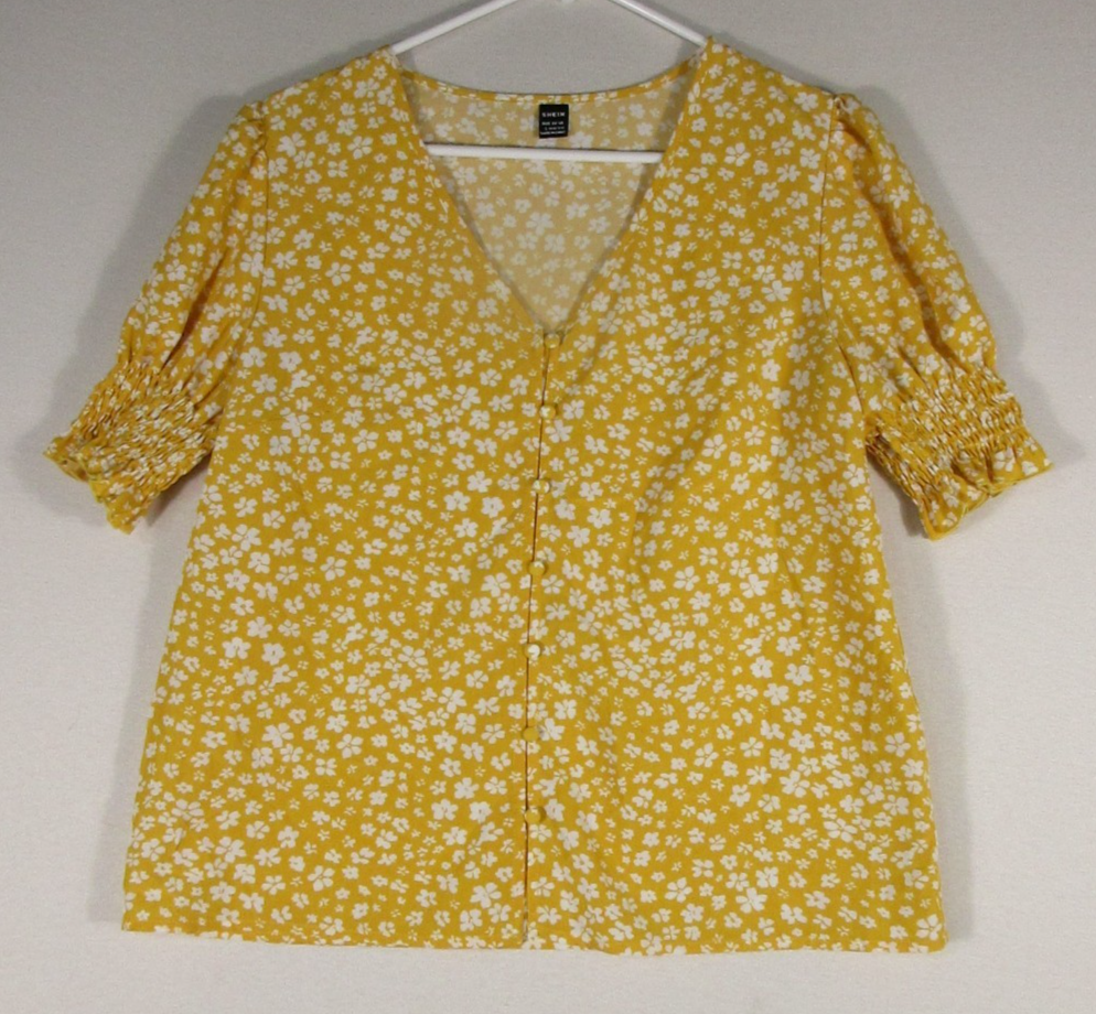 Shein Womens Floral V-Neck Button Front Top Cuffed Sleeve Size L Mustard Yellow