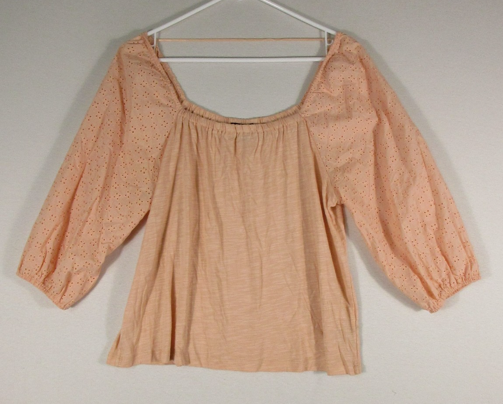 Sanctuary Womens Puff Sleeve Top Blouse Eyelet 3/4 Sleeves Size L Pink