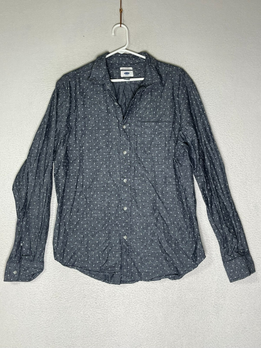 Old Navy Gray White Button Down Shirt Slim Fit Polka Dots Long Sleeve Mens SZ L
