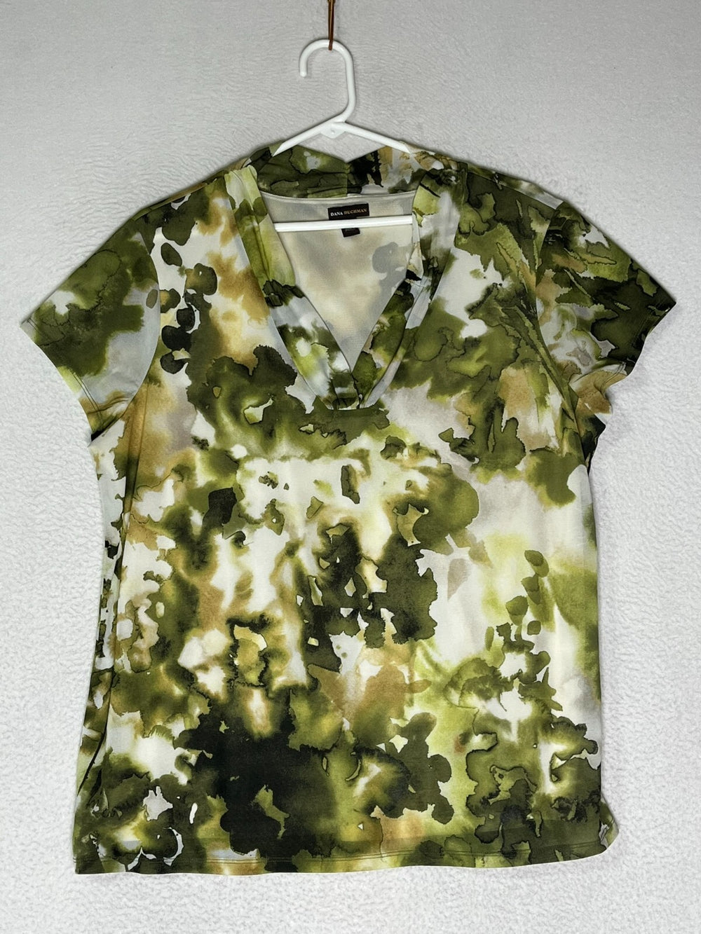 Dana Buchman Green White Camo Print T Shirt Top Cap Sleeve Womens Size X Large