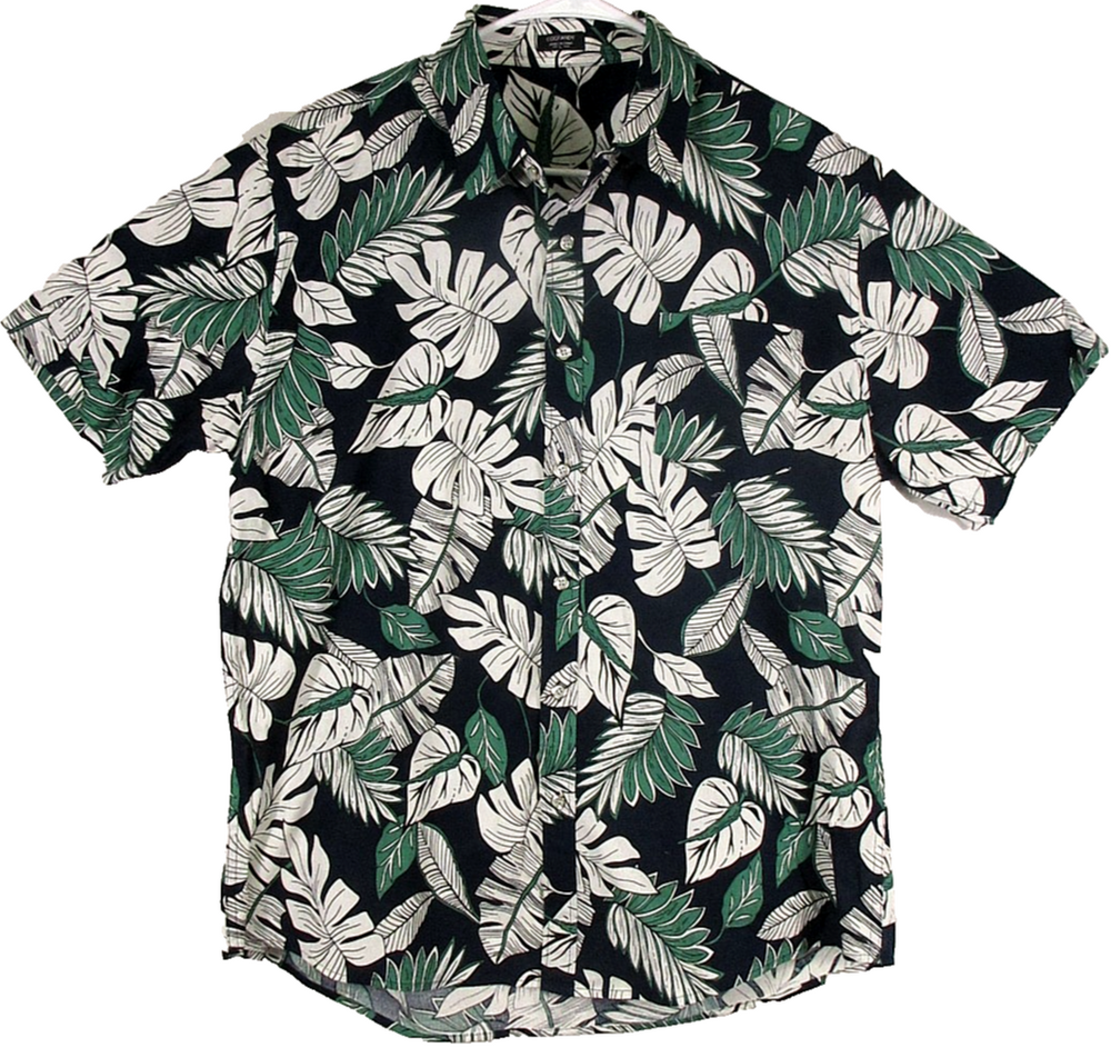 Coofandy Mens Button-Up Polo Shirt Tropical Print Short Sleeve Size L Black