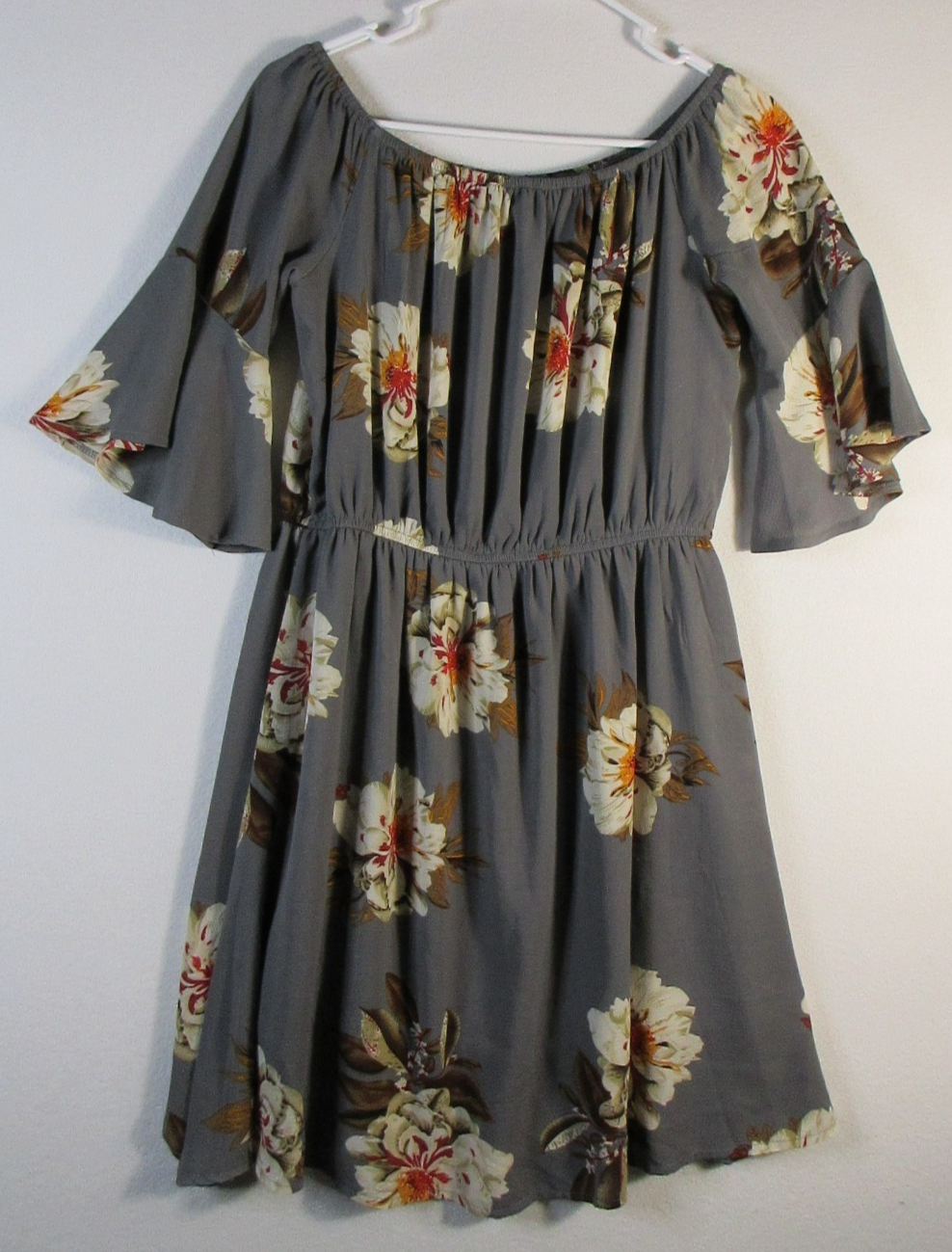 Zattcas Womens Floral Knee Length Dress Long Sleeve Scoop Neck Size L Gray