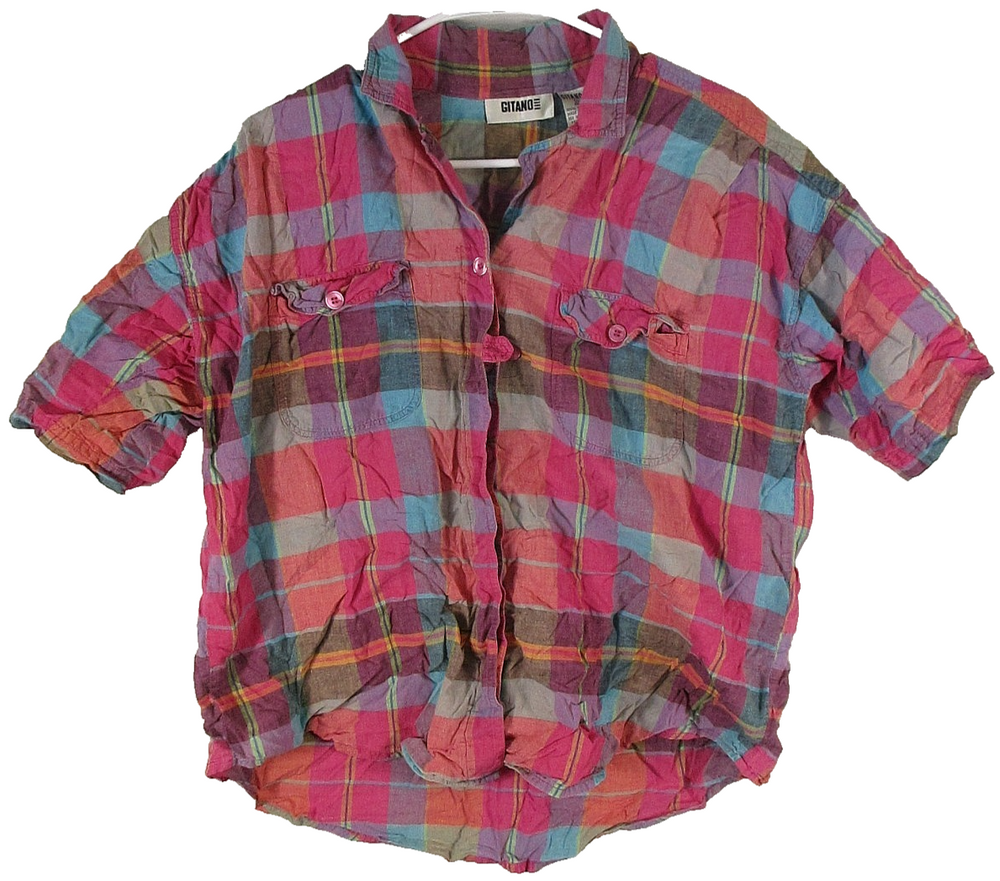 Gitano Womens Button Front Cotton Plaid Shirt Short Sleeve Pockets Size 40 Pink