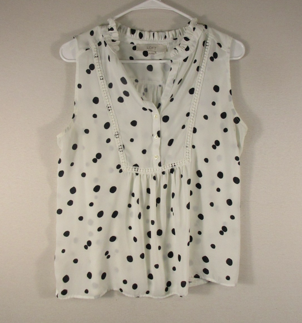 Ann Taylor Loft Womens Polka Dot Blouse Button-Up Sleeveless Size S White