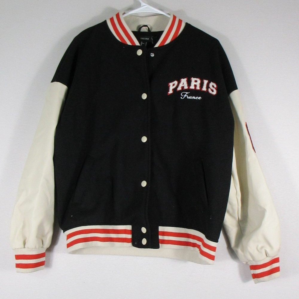 Forever 21 Womens Varsity Bomber Jacket Button-Up Long Sleeve Size S Black