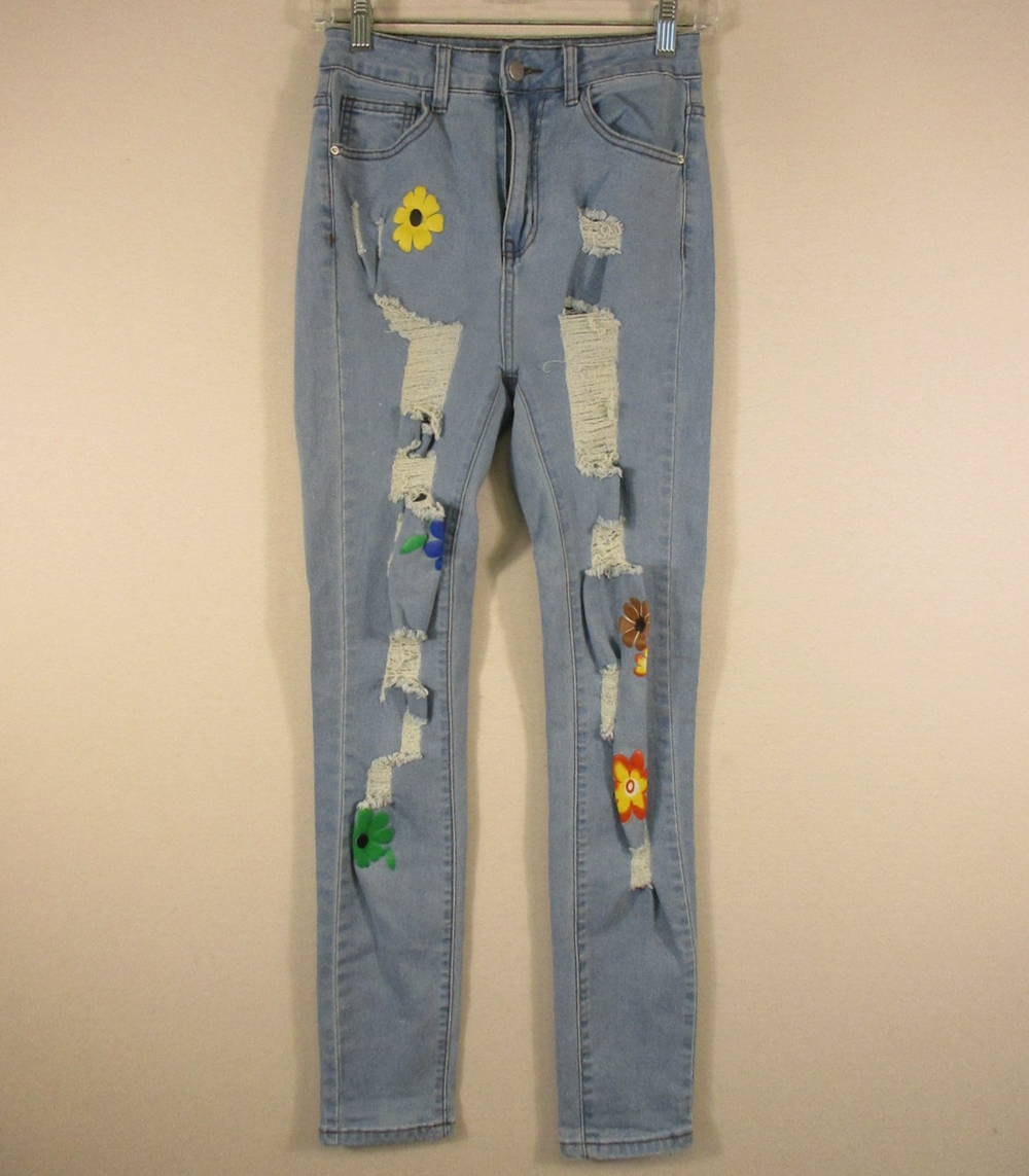 Shein Womens High Waist Skinny Jeans Stretch Denim Distressed Size XS Blue