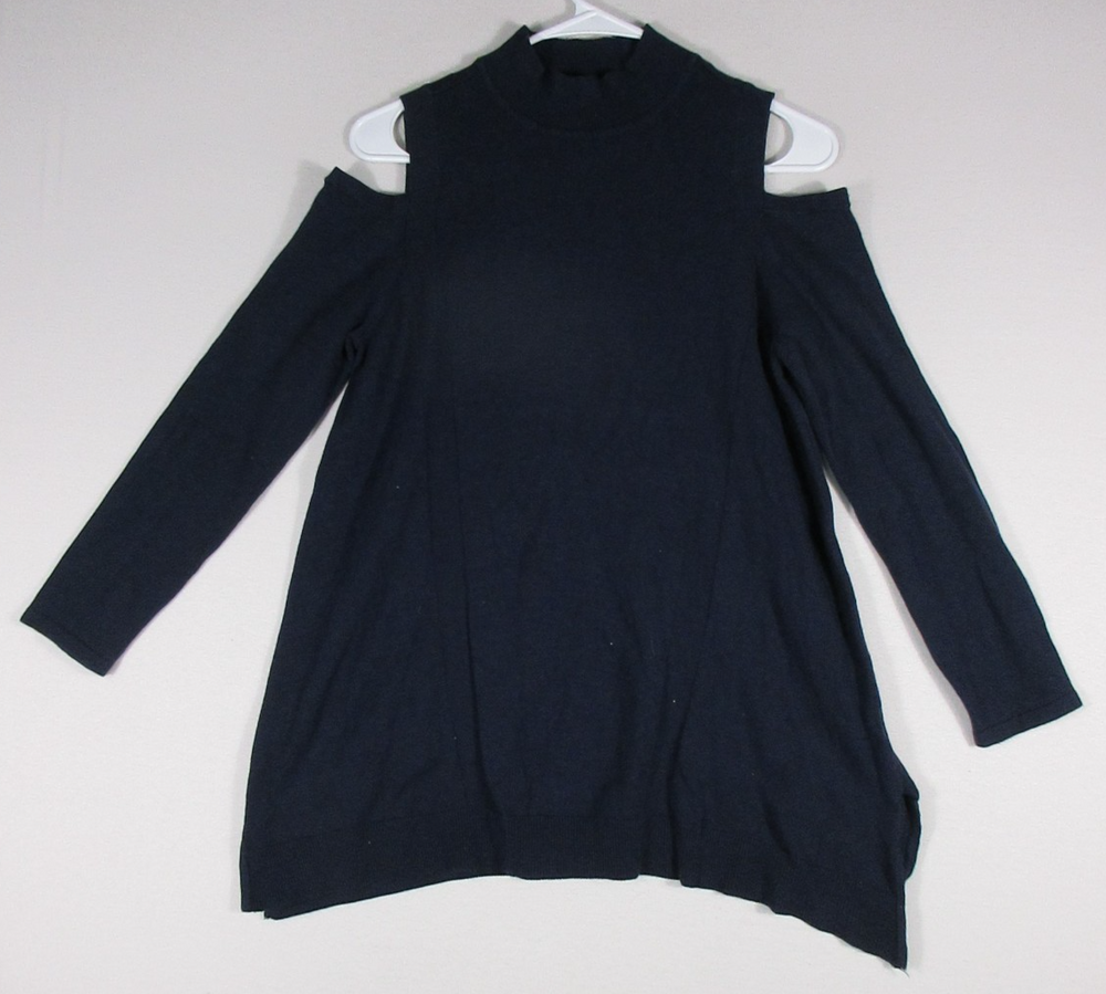 Style & Co Womens Cotton Top Shirt Cold Shoulder Mock Neck Size S Blue