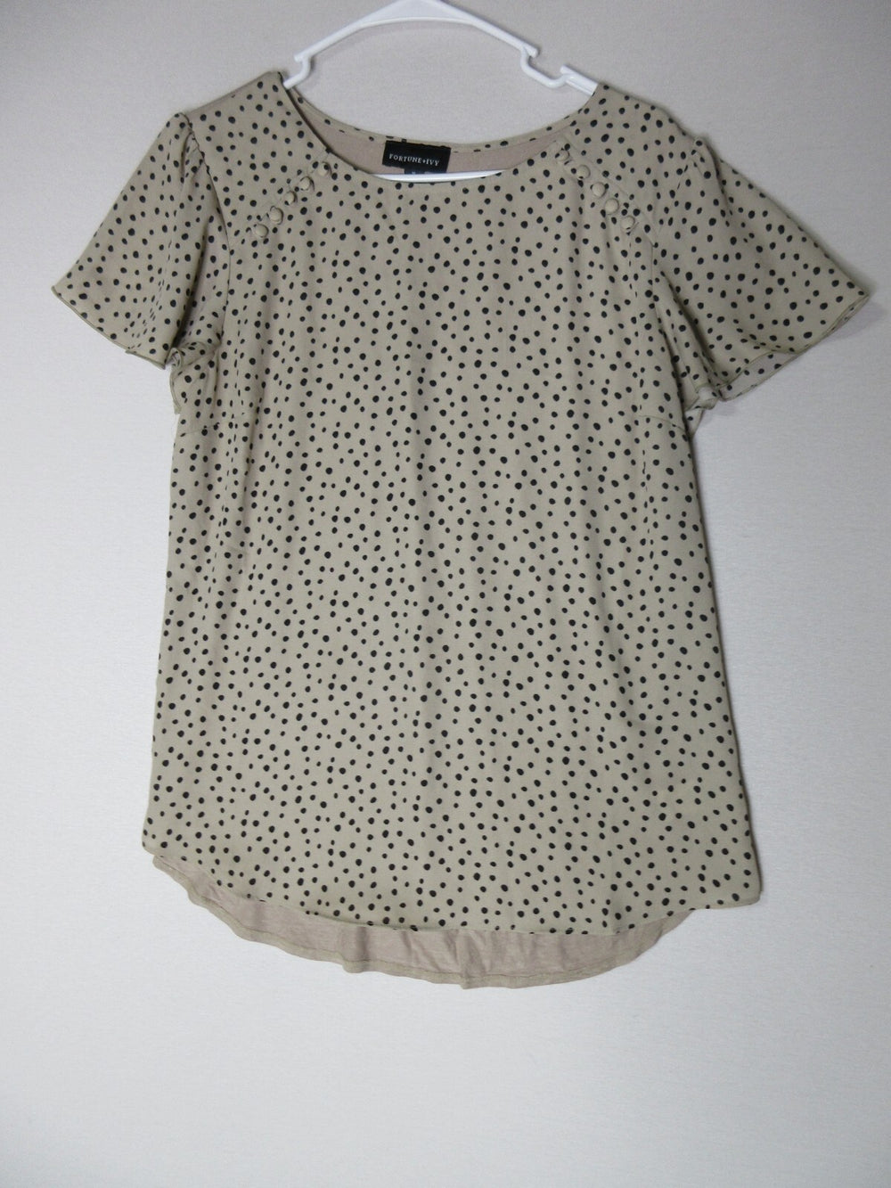 Fortune + Ivy Womens Polka Dot Round Neck Blouse Flutter Sleeve Size M Beige