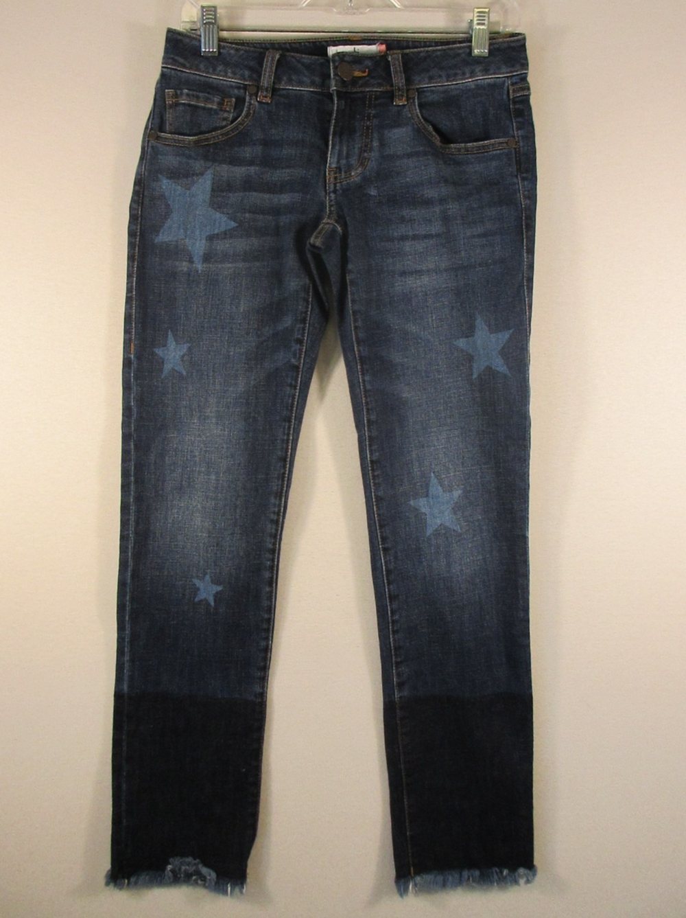 Cabi Womens Frayed Hem Boyfriend Jeans Star Print Straight Leg Size OO Blue