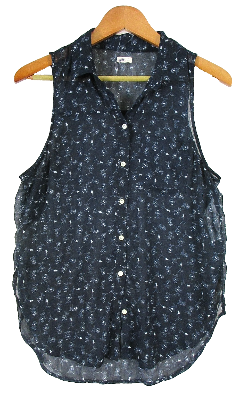 Hollister Womens Button-Up Sheer Floral Blouse Sleeveless Collared Size M Blue