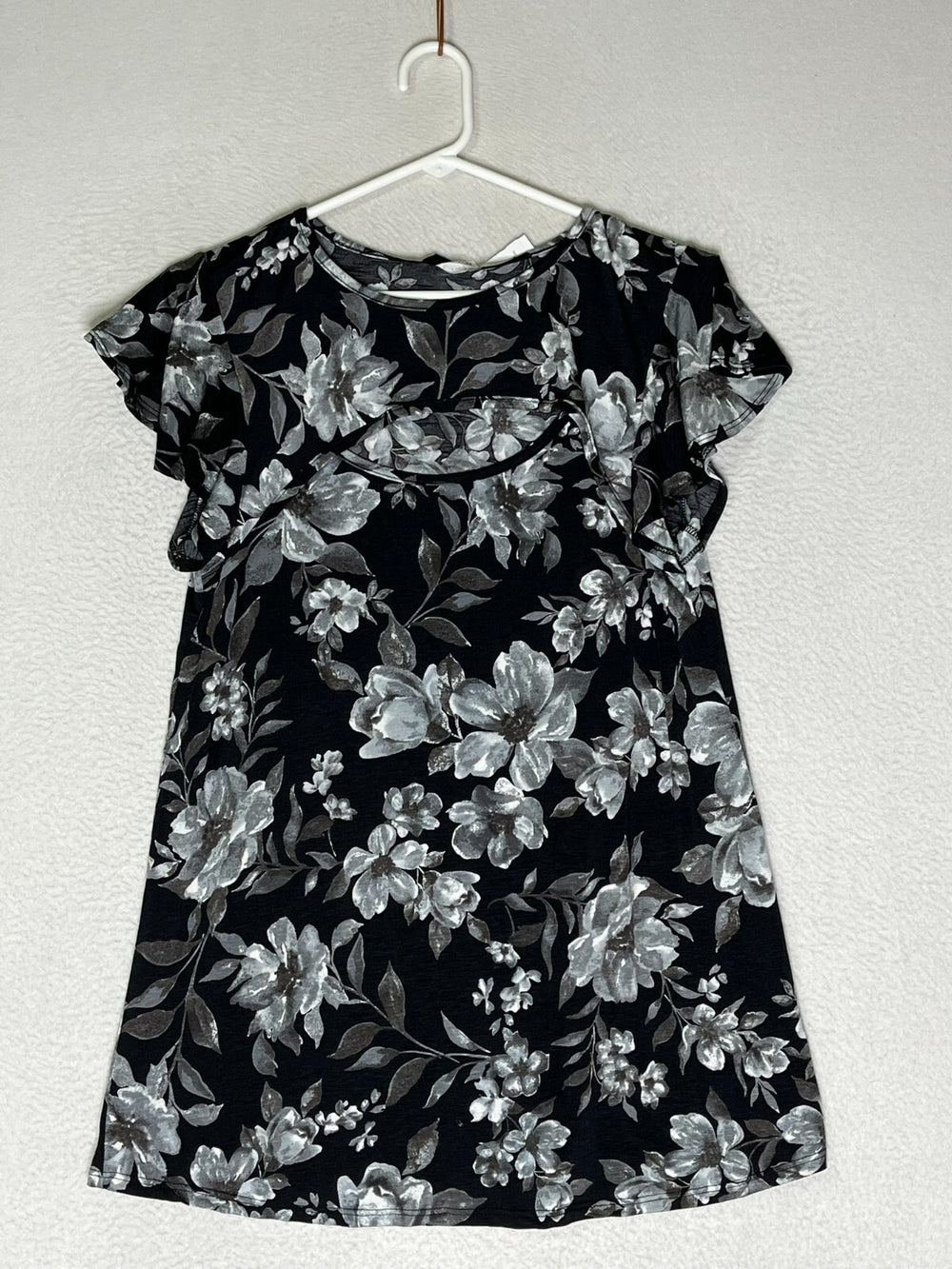 Heimish Black Silver Floral Top Front Keyhole ST2056-12 Cap Sleeves Womens SZ S