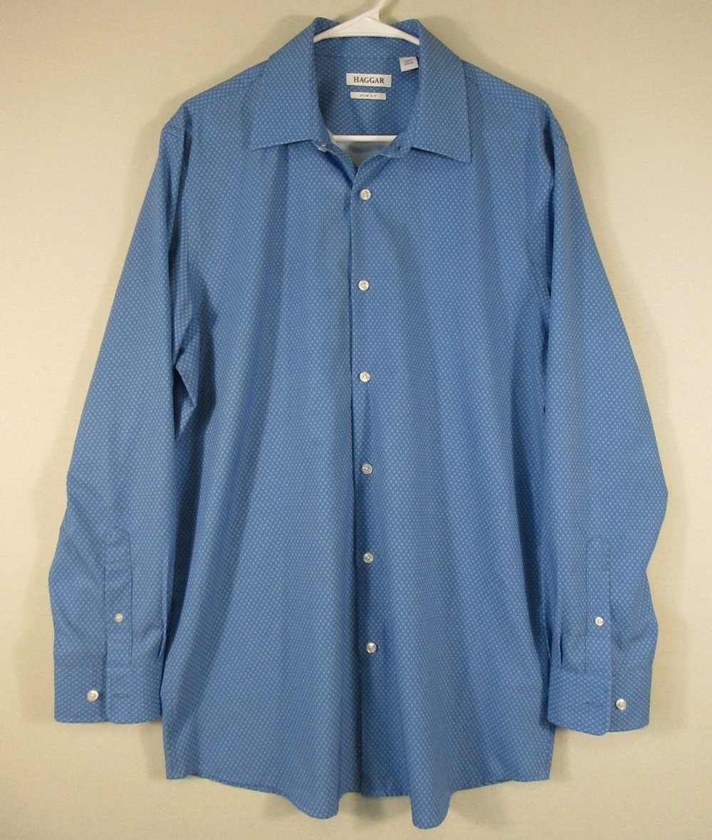 Haggar Mens Button-Up Twill Shirt Slim-Fit Long Sleeve Collared Size L Blue