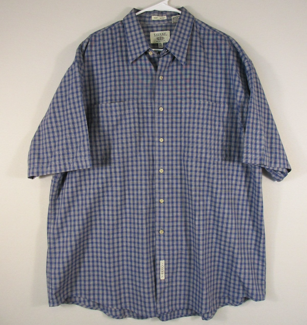 Savane Mens Button-Front Wrinkles Dress Shirt Plaid Print 3/4 Sleeve Sz XL Blue