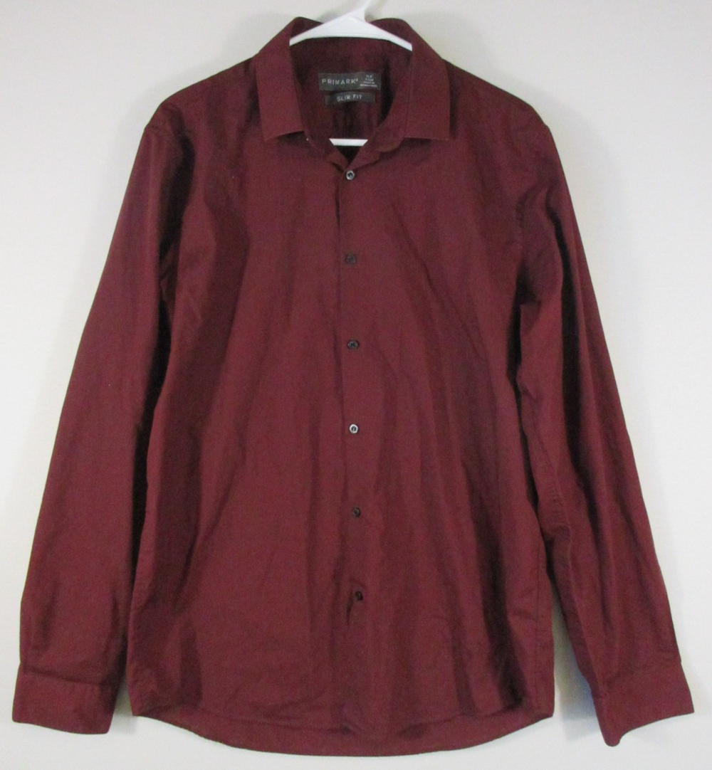 Primark Mens Casual Button-Up Shirt Slim Fit Long Sleeve Size M 16.5 Burgundy