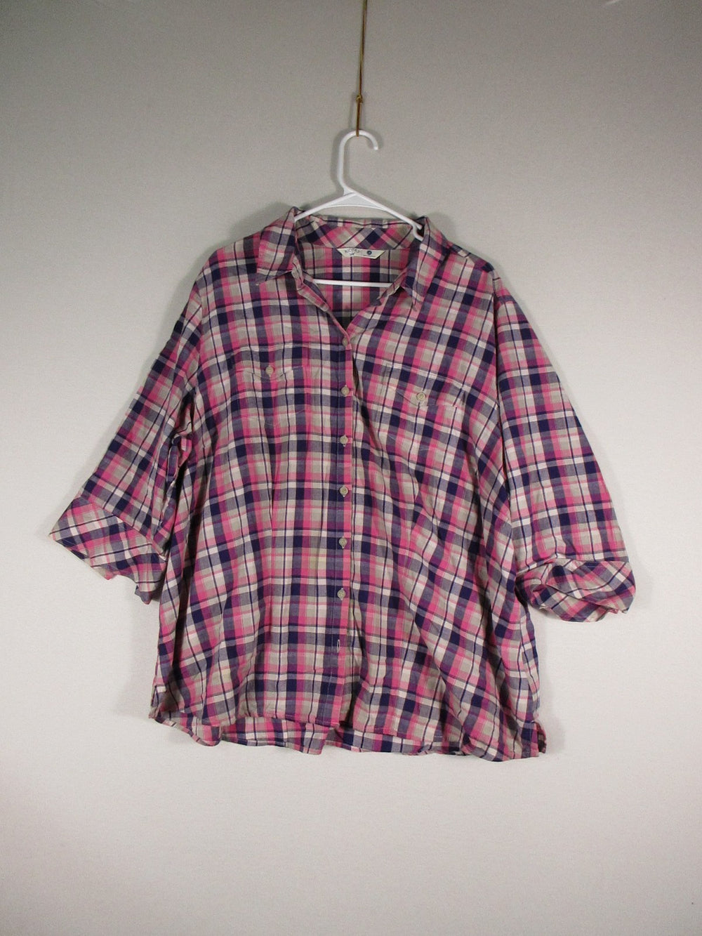 Riders By Lee Womens Plaid Button-Up Blouse 3/4 Sleeve Pockets Size 2X Pink